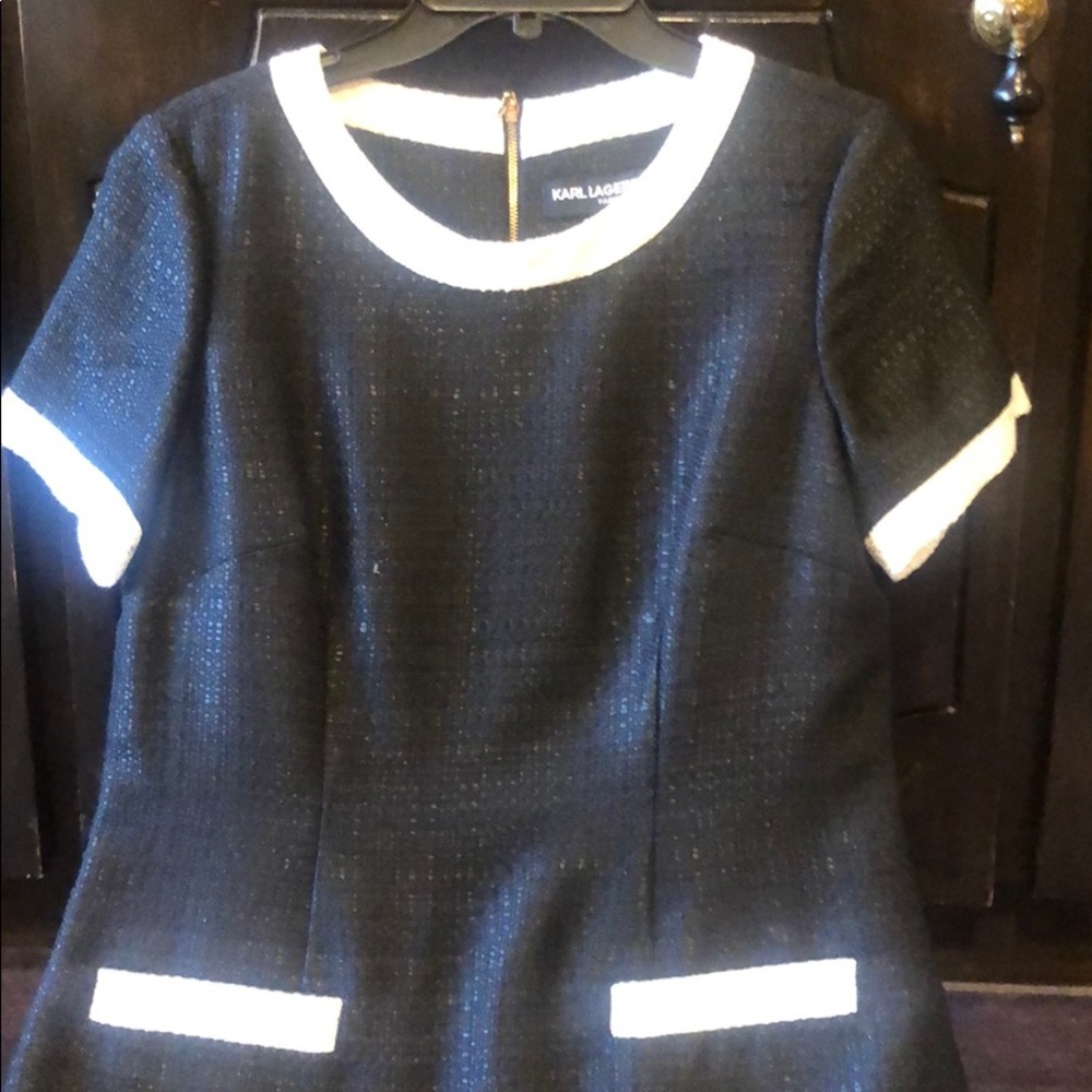 Woven dress w white detail and gold zipper